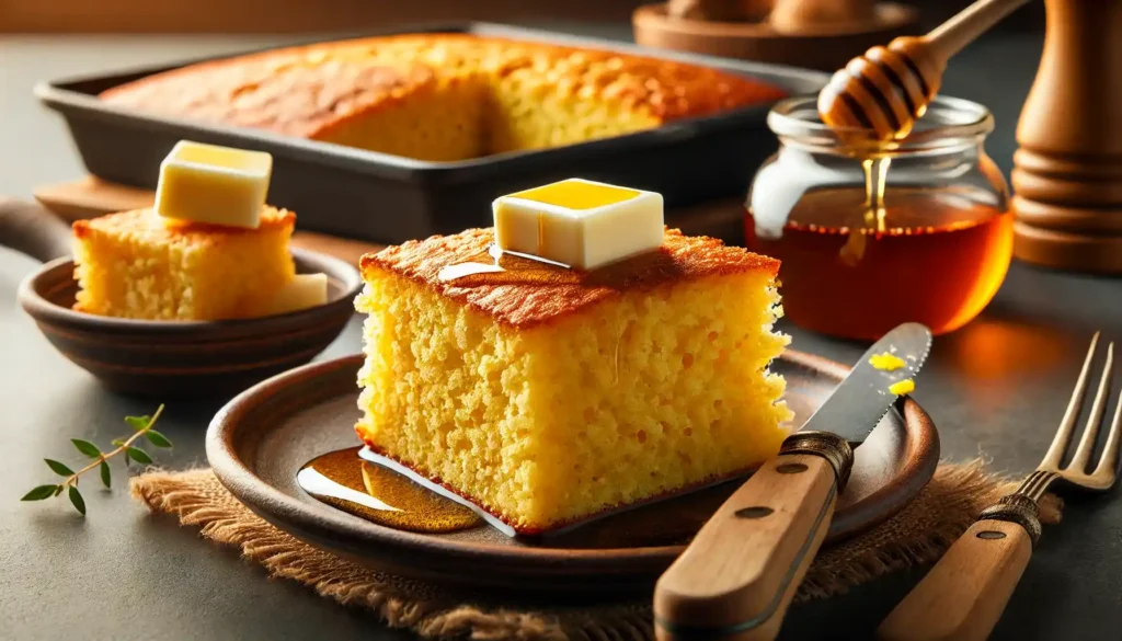 A close-up of a slice of 3-ingredient cornbread on a rustic plate, topped with a pat of melting butter and a drizzle of honey. The background features a blurred view of the full cornbread skillet, emphasizing its golden, crumbly texture.