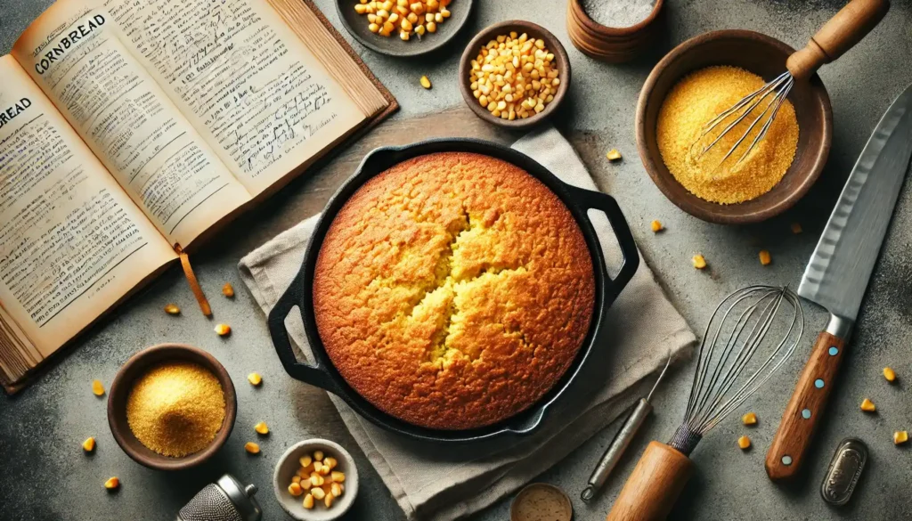 An overhead view of a rustic kitchen setup featuring a freshly baked 3-ingredient cornbread in a cast-iron skillet, surrounded by cornbread crumbs, a whisk, a bowl of cornmeal, and an open cookbook with handwritten notes. The golden crust and bright lighting emphasize the homemade vibe.