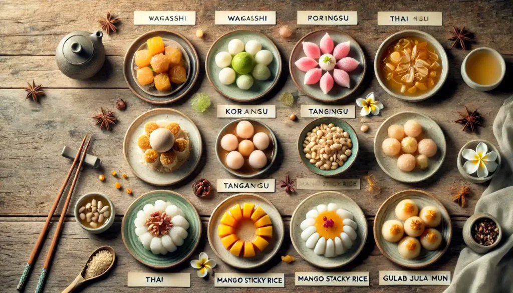 selection of Asian desserts, including wagashi, patbingsu, tangyuan, mango sticky rice, and gulab jamun