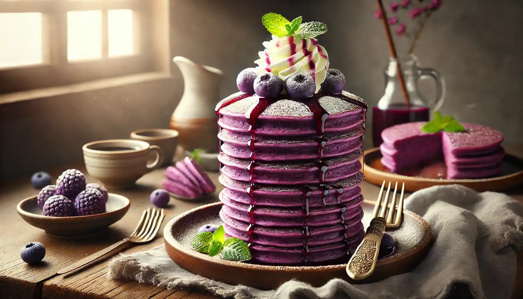 A stack of vibrant purple ube pancakes topped with whipped cream, drizzled with syrup, and garnished with fresh mint leaves, served on a rustic wooden plate